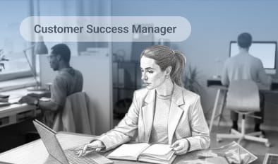 Professional office setting with individuals working.